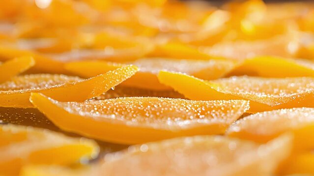 Delicate slices of mango p on the trays destined to become chewy and sweet dried fruit.