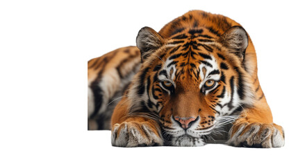 Full frontal view of a majestic tiger lying down, staring forward with piercing eyes and a powerful presence