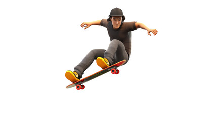 3D Cartoon Skateboarder Performing Tricks with Transparent Background PNG