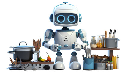 3D Cartoon Robot Chef Cooking Up a Storm with Transparent Background PNG