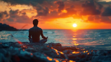 Obraz premium Man meditating on a rocky beach at sunset