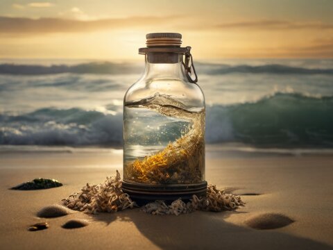 A cryptic message in a bottle rests on the sandy beach