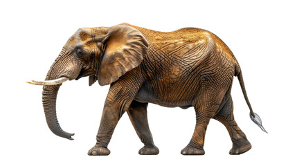 Full profile view of an African elephant mid-stride, showcasing the rich textured skin and tusks, isolated with precision
