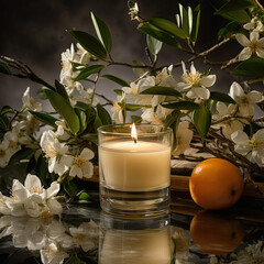 aroma candle and orange with white flower background