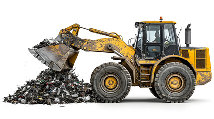 A yellow bulldozer equipped with a large bucket is loading a heap of scrap metal. The machines tire treads grip the asphalt as it works