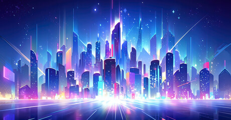 A retro futuristic cityscape with towering skyscrapers bathed in neon lights, Generative ai.