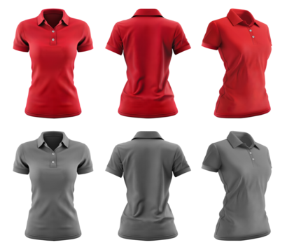 2 Set of woman red maroon grey gray, front, back and side view collar slim fit polo tee shirt on transparent background cutout, PNG file. Mockup template for artwork graphic design.