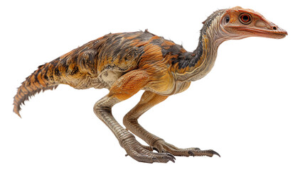 Naklejka premium This image shows a highly detailed and realistic model of a young dinosaur with feathers, signifying the connection between birds and dinosaurs