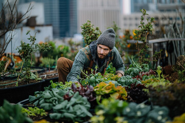 Man working in an urban garden. AI generative - Powered by Adobe