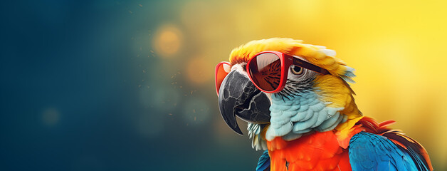 Parrot with glasses on a beautiful background. Generative AI. P001