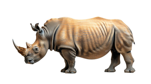This detailed image showcases a life-sized rhinoceros model, captured with a high level of realism and set against a clean white background
