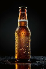 Close-up view of fresh bottles of beer with a light shining on the top of the bottle and bottom half of the bottle. Ai generative