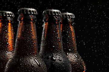 Close-up view of fresh bottles of beer with a light shining on the top of the bottle and bottom half of the bottle. Ai generative - obrazy, fototapety, plakaty