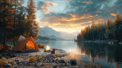 camping site with all the essential camping - obrazy, fototapety, plakaty