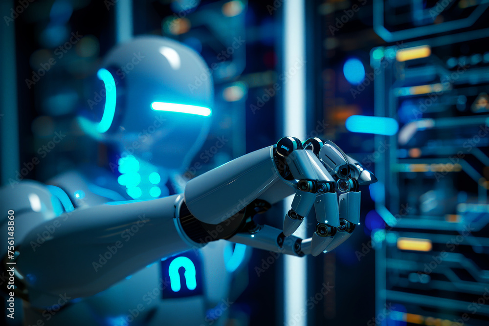 Poster ai robot using cyber security to protect information privacy . futuristic concept of cybercrime prev