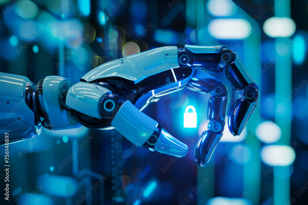 Poster ai robot using cyber security to protect information privacy . futuristic concept of cybercrime prev
