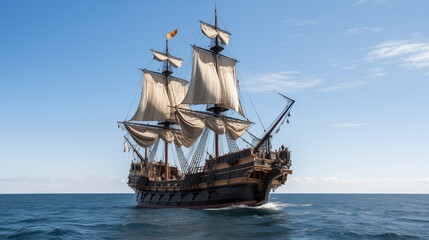 pirate ship on an open sea with light blue sky