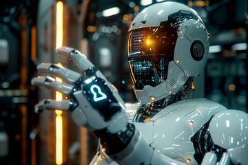 Fototapeta premium AI robot using cyber security to protect information privacy . Futuristic concept of cybercrime prevention. ai generative