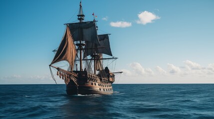 pirate ship on an open sea with light blue sky