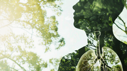 a double exposure of a human lung and trees on forest the background with environment green day concept . Generative AI - obrazy, fototapety, plakaty