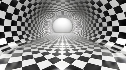 3D Illusion Tunnel with Checkered Pattern Leading to Bright White Sphere