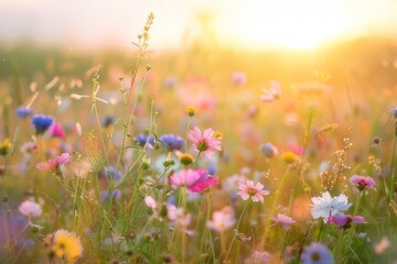 Obraz na płótnie Canvas Peaceful fields of wildflowers under the soft sunset light