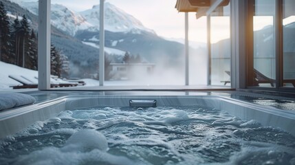 Mountain hot tub in snowy landscape