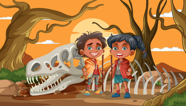 Two children smiling near a large dinosaur skeleton.