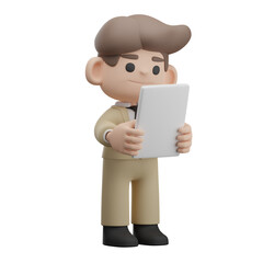 Businessman character wearing brown business suite, standing and reading white documents, 3D render
