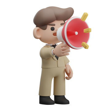 businessman standing and shouting through megaphone, 3D render