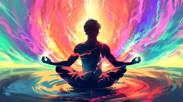 Silhouette of human body with colorful aura. Fantasy landscape anime or cartoon style, looping 4k video animation background