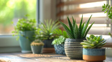 Assorted succulent plants bask in sunlight on a windowsill, creating a peaceful ambiance.