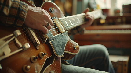 Close-up of a musician's hands playing a vintage guitar with passion.