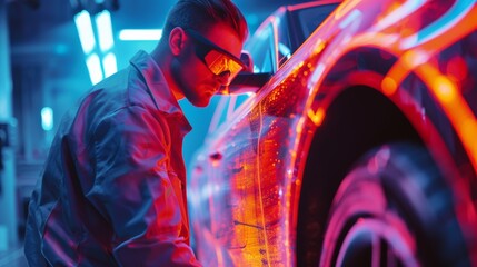 Engineer inspecting a futuristic car design in a high-tech manufacturing setting. - obrazy, fototapety, plakaty