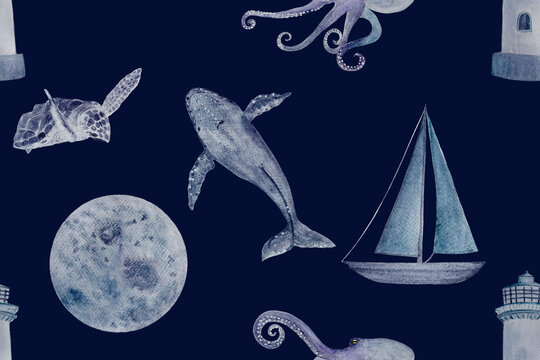 Watercolor hand-drawn purple monochromatic seamless pattern on dark blue. Blue whale, a manta ray, shells, a starfish ,a polyp and a coral