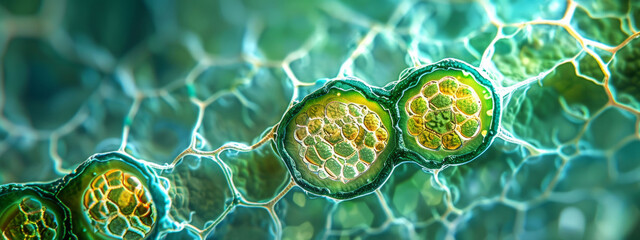 Close-up of plant cells showing the green chlorophyll-rich structures. - obrazy, fototapety, plakaty