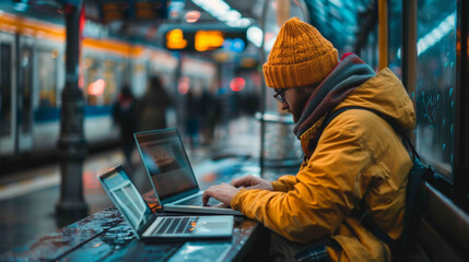 Person working on a laptop at a subway station, wearing a yellow jacket.