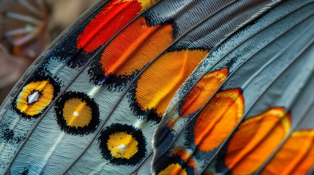  Close-up of a butterfly wing with vibrant orange and black patterns.