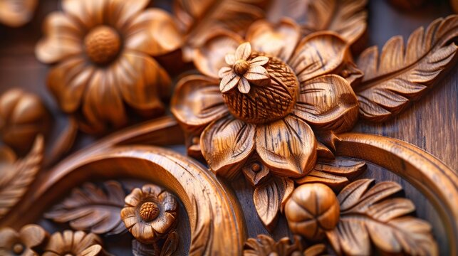 Ornate wood carving detail showcasing floral patterns and textures.