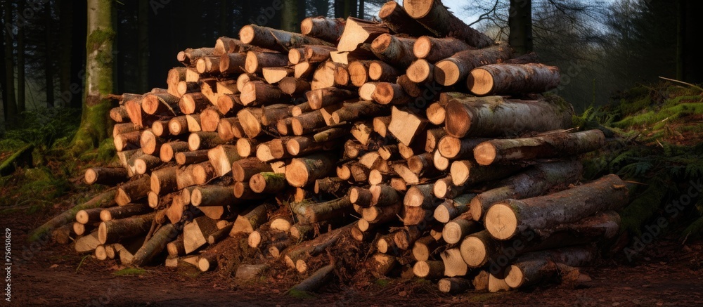 Aufkleber a stack of wood logs is nestled amidst the lush forest, creating a natural pattern of tree trunks. t