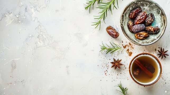 Dates and Cinnamon Bowl with Cup of Tea on Light Grey Background