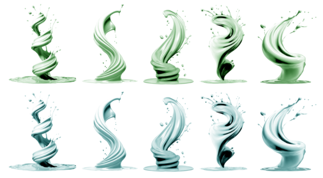 2 Set of pastel green turquoise blue cream liquid paint ink splash swirl wave on transparent background cutout, PNG file. Many assorted different design. Mockup template for artwork graphic design