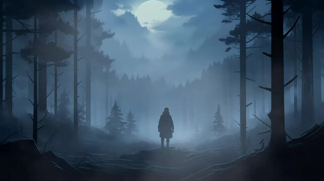 Silhouette of a lone man in a misty forest, searching for enlightenment. Fantasy landscape, looping 4k video animation background