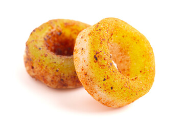 Sour Apple Gummy Fruit Rings Covered in Chili Lime Seasoning Isolated on a White Background