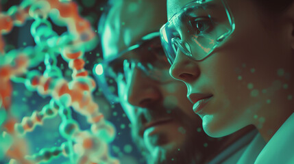 A close-up view of a doctor or scientist through the glasses. Show links to research data