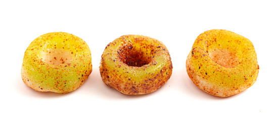 Sour Apple Gummy Fruit Rings Covered in Chili Lime Seasoning Isolated on a White Background