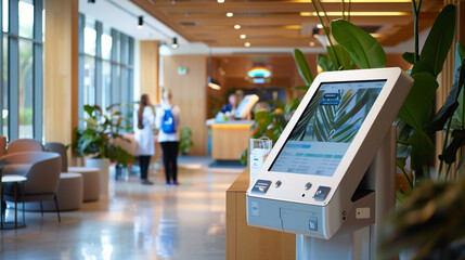 interior of the airport, A interactive kiosk in a healthcare setting, demonstrating how interoperable networks enhance user access to medical records and services photography