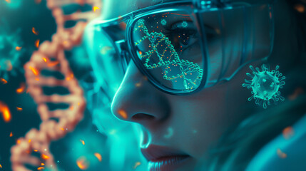 A close-up view of a doctor or scientist through the glasses. Show links to research data