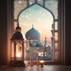 Eid mubarak and ramadan kareem greetings with islamic lantern and mosque. Eid al fitr background