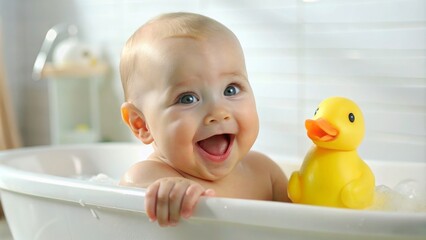 Baby smiling with rubber duck in the bath - A baby shows excitement playing with a yellow rubber duck in a soapy bubble-filled bathtub - obrazy, fototapety, plakaty